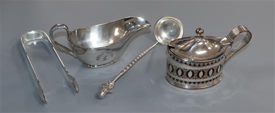 A pair of Georgian silver sugar tongs and three plated items.